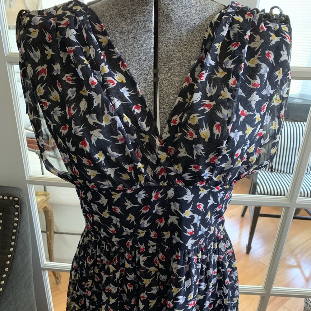Zara bird print dress; low neckline